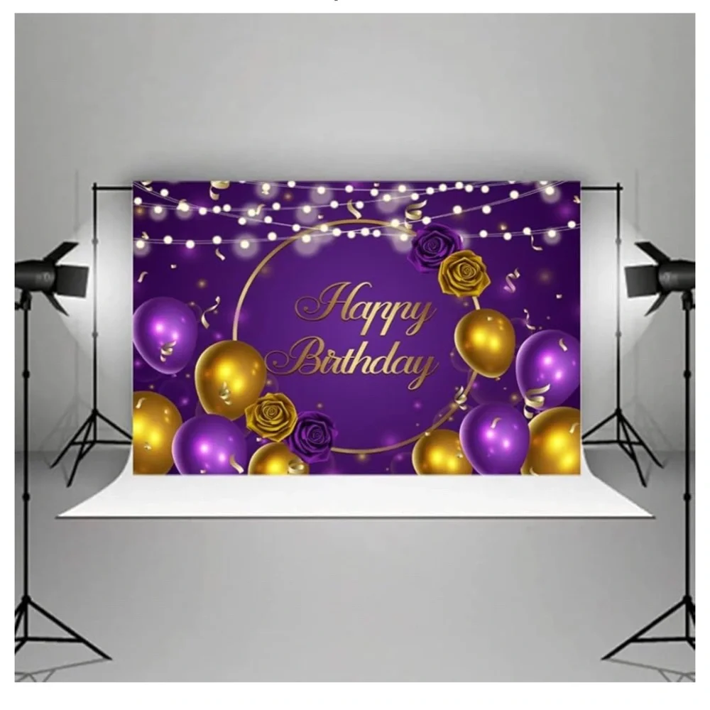 Purple Gold Happy Birthday Backdrop, 7 x 5 ,Golden Balloon Flowers